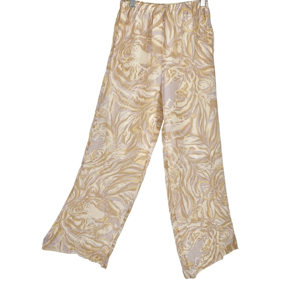 See by Chloé Silk Tiger Print Wide Leg Cropped Pants Sheer Overlay Elastic SZ 34